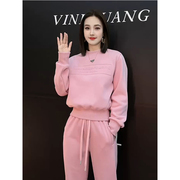 秋冬搭配一整套粉色圆领卫衣长裤韩版洋气减龄休闲时尚运动套装女