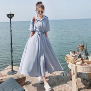 蓝色法式连衣裙女夏季2024雪纺衬衫裙气质收腰显瘦温柔长裙子