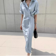韩版高级感宽松棉麻短袖连衣裙，2024年夏季长款气质，衬衫式连衣裙女
