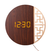 新中式圆形挂钟创意电子扫秒时钟数字显示夜光，静音客厅书房座台钟