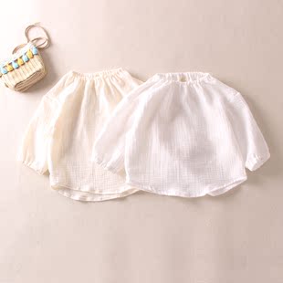夏季宝宝上衣纯棉纱薄款长袖女宝宝，娃娃衫纯白色，儿童打底衫男童衣