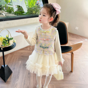 女童春秋民族风长袖，连衣裙套装洋气，2024儿童女宝宝中国风裙子