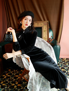 高端丝绒旗袍秋冬长袖黑色，性感长款女改良气质，优雅日常可穿连衣裙