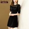 丹慕妮尔法式黑色雪纺，连衣裙女短袖，夏季气质收腰中长裙子