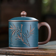 正宗宜兴紫砂杯纯手工刻绘紫砂茶杯盖杯办公泡茶茶具清风刻竹杯