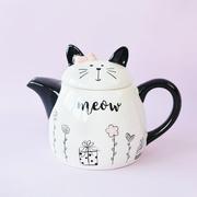 法国浪漫可爱猫咪卡通欧美黑白，陶瓷茶壶礼物，家居茶具装饰