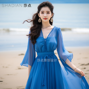 蓝色雪纺长裙夏季收腰显瘦显白大摆裙高级感度假裙海边沙滩裙