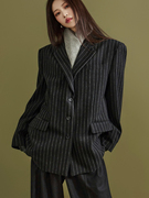DINT 韩国2023冬装 时尚竖条纹羊毛毛呢外套女长袖西装J2067