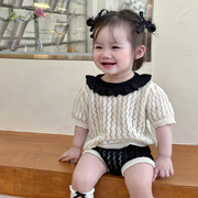 女童针织套装0-5岁夏季韩国童装撞色镂空短袖上衣短裤洋气两件套