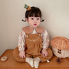 韩版女宝宝衣服春秋装套装，婴儿洋气碎花，上衣刺绣背带裤爬服两件套
