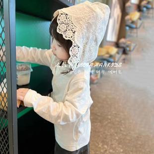波拉韩国童装女童连帽打底衫2024春秋儿童蕾丝长袖T恤中大童卫衣