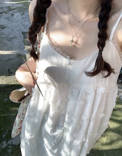 krismerryland少女甜美白色提花重工拼接叠穿吊带连衣裙