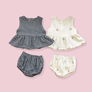 婴儿衣服女童夏季套装，格子无袖上衣面包短裤6个月，一岁女宝两件套