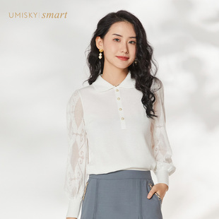 umisky优美世界2023冬季镂空蕾丝拼接套头针织毛衫VI3W2015