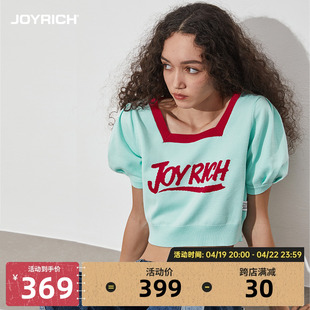 JOYRICH美式复古方领泡泡袖撞色字母短袖针织衫T恤24春夏女装