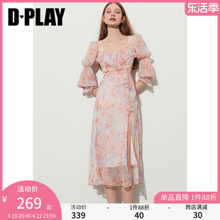 dplay2024夏海边(夏海边)度假裙粉色碎花裙荷叶，边中袖雪纺连衣裙艺术长裙