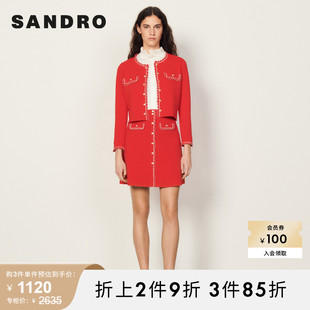 SANDRO Outlet春秋女装法式花边圆领红色打底针织开衫SFPCA00539