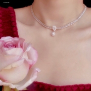 法式复古珍珠小圆球镶钻项链时尚小众设计感颈链锁骨链夸张项饰女