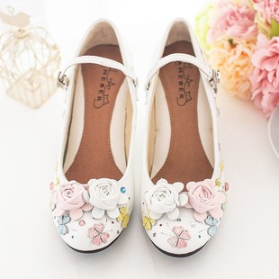 ameber羊皮白色系带玛丽珍单鞋花朵甜美原创设计女高跟鞋中跟鞋