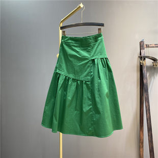 2024春季不规则荷叶边半身裙，女绿色高腰褶皱，设计感长裙a字鱼尾裙