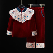 女童汉服冬装洋气中国风立领刺绣红丝绒上衣+长裤两件套套装