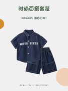 日本ulovazn童装~儿童套装，夏装男童时尚牛仔短袖女孩儿休闲两件套