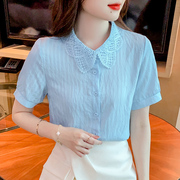 2024夏女式娃娃领时尚甜美雪纺衬衫上衣纯棉蕾丝洋气衬衣小衫