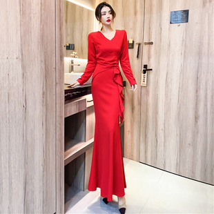 礼服长裙优雅气质v领长袖，荷叶边修身高腰，显瘦鱼尾红色连衣裙