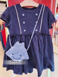 韩国中小童装夏季女童宝宝蓝色时尚圆点带小包短袖连衣裙