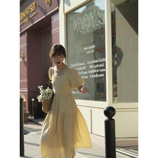 断码7折法式鹅黄色泡泡袖连衣裙女短袖夏长款方领肌理感