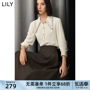 lily2024春女装优雅气质，通勤款垂坠感撞色镶边复古尖领白衬衫