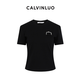calvinluo口袋金属装饰圆领正肩短袖t恤24白色黑色