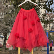 2024红色高腰半身裙纯手工立体玫瑰花朵裙10层进口软纱蓬蓬裙