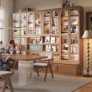 北欧实木书柜胡桃色客厅，组合一体整墙落地书架置物展示储物柜收纳