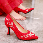 中式婚鞋女高跟红色细跟结婚鞋子新娘鞋红鞋尖头秀禾鞋敬鞋婚礼鞋