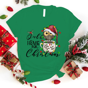 Merry Christmas Tshirt 圣诞节猫头鹰印花绿色短袖圆领T恤上衣