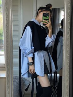 茶系韩版宽松针织毛衣外搭马甲披肩蓝色长袖衬衣女时尚春秋两件套