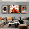 现代简约客厅三联画抽象艺术沙发背景墙装饰画橘色美女挂画墙壁画