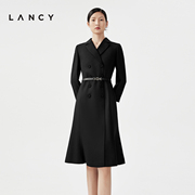 lancy朗姿春季黑色，长袖羊毛裙子中长款职业，气质西装连衣裙女