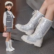 女童靴子秋冬2023银色，欧版时装走秀鞋，儿童高筒靴亮片公主长靴