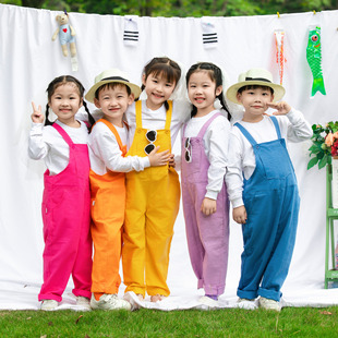 儿童糖果色纯棉背带裤，长袖元旦舞蹈，服幼儿园运动会班服学生演出服