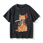 日系浮世绘猫武士创意和风T恤短袖bf风衣服女男圆领大码宽松夏季