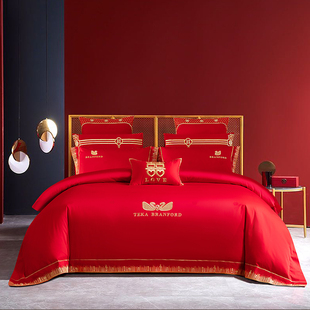 140支现代结婚庆被套床上四件套，大红色绣花新婚，房铺盖床单4件床品