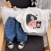 韩系小童套装夏季洋气宝宝短袖时尚牛仔短裤两件套夏装婴儿衣服潮
