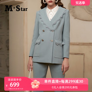 m-star明星系列春季纯色气质，翻领双排扣拼接蕾丝，西装外套女通勤
