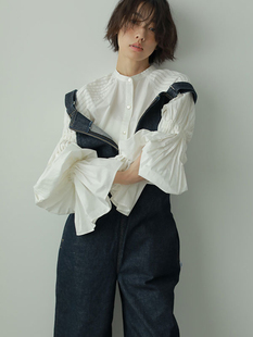 junna日本设计师复古宫廷风糖果，灯笼袖长袖，纯棉衬衫白色长衬衣女