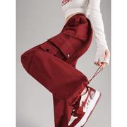 美式红色工装裤子女春季松紧高腰抽绳束脚休闲直筒宽松阔腿运动裤