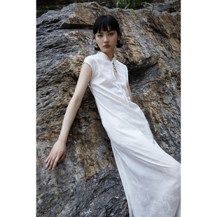 PaleBlueDot蓝点·原创设计师新中式山水画白色旗袍长款连衣裙