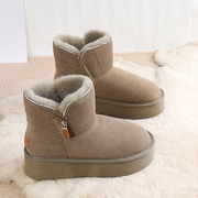 厚底拉链雪地靴女牛皮加绒加厚增高短靴皮毛一体，冬季防滑保暖棉鞋