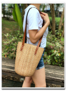 泰国纯色草编包手提复古休闲度假棉，麻风女包编制单肩大号水桶包